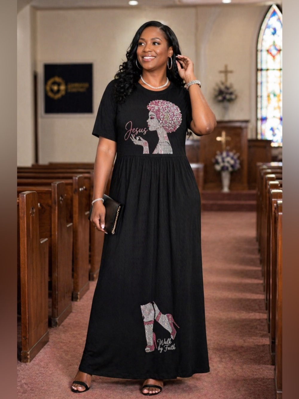 Azules Jesus Walk By Faith Rhinestone Maxi Dress XL Made USA Black Christian